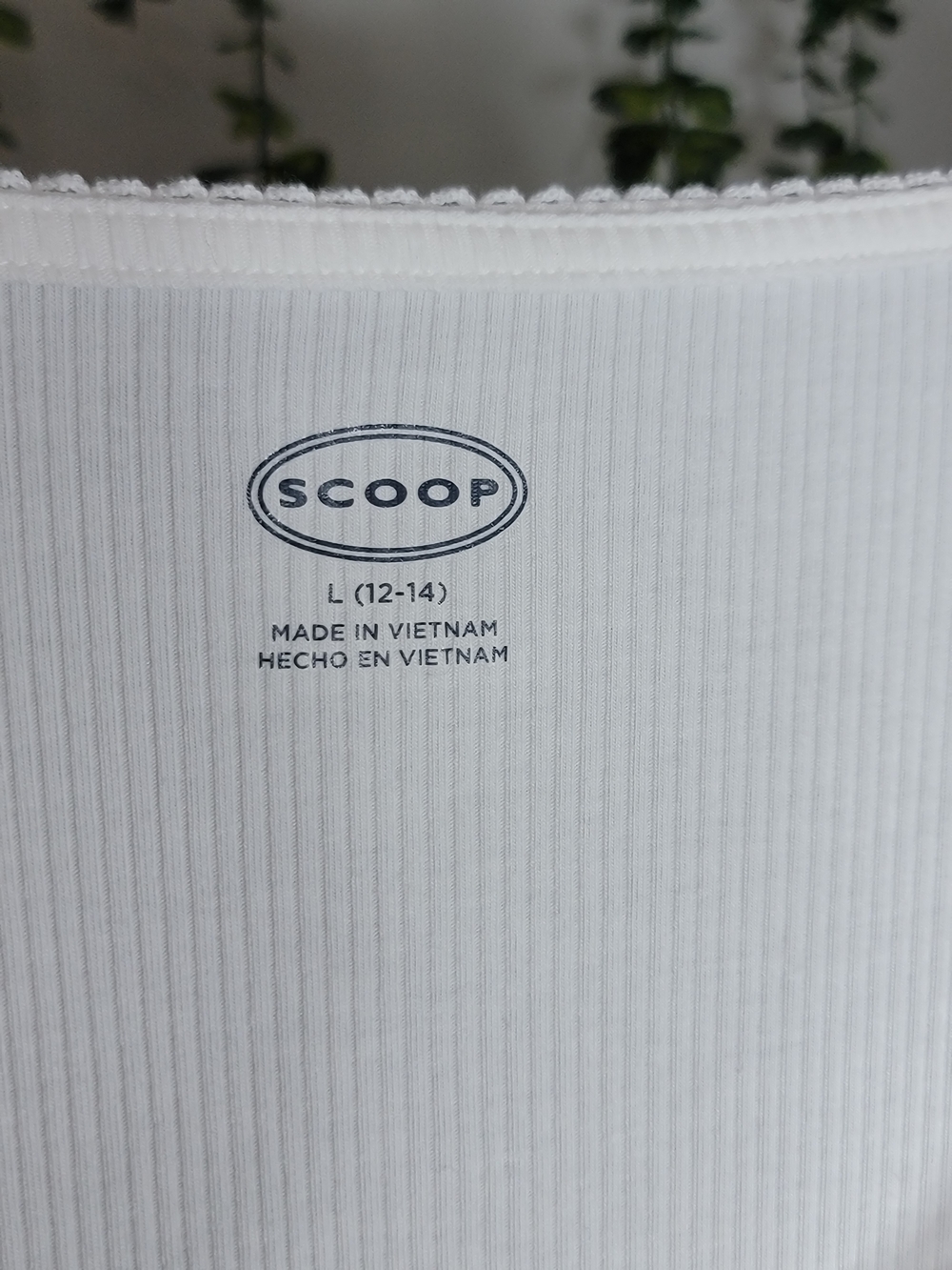 Scoop White Ribbed Scoop Neck Long Sleeve Top | Faux Pearl Button Knit | Size L - Picture 8 of 8